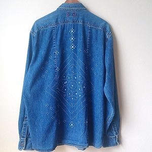 Vintage Guess Denim Long Sleeve Shirt Rear Bleach Dot Pattern Men's SZ XL